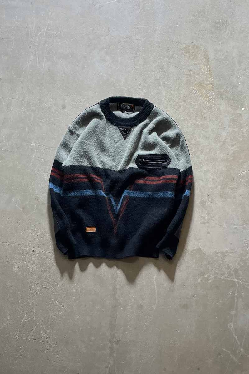 80'S LEATHER SWITCHING WOOL ACRYLIC DESIGN KNIT SWEATER / NAVY [SIZE: M USED]