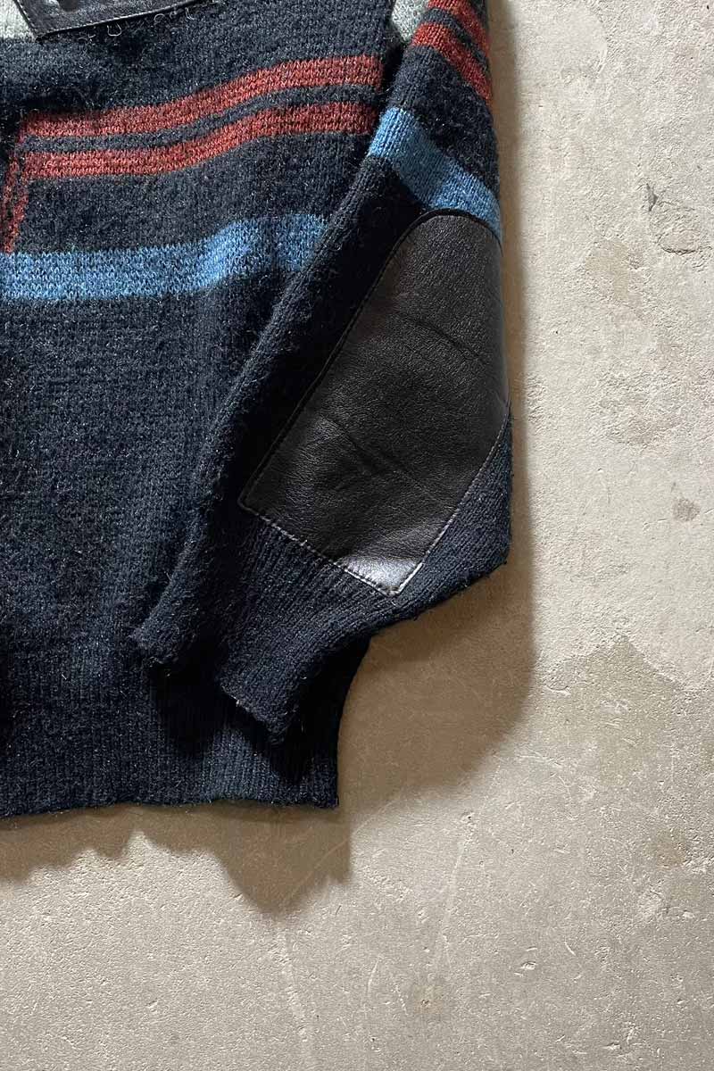 80s LEATHER SWITCHING WOOL ACRYLIC DESIGN KNIT SWEATER / NAVY [SIZE: M USED]