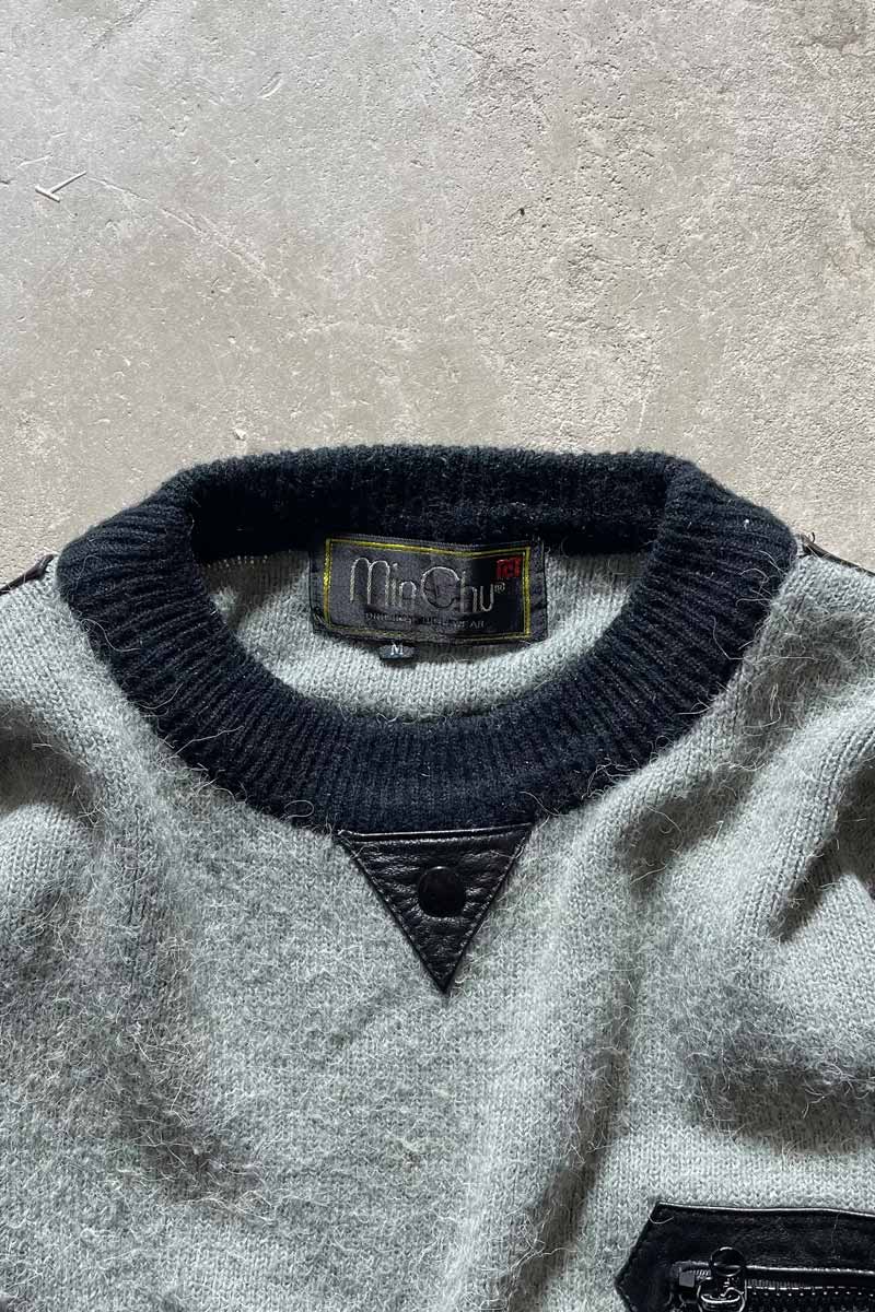 80s LEATHER SWITCHING WOOL ACRYLIC DESIGN KNIT SWEATER / NAVY [SIZE: M USED]