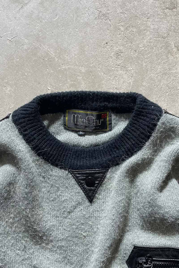 80s LEATHER SWITCHING WOOL ACRYLIC DESIGN KNIT SWEATER / NAVY [SIZE: M USED]