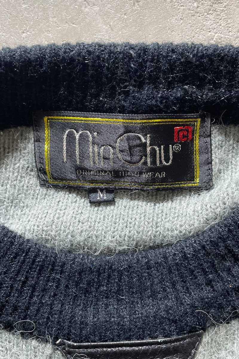 80s LEATHER SWITCHING WOOL ACRYLIC DESIGN KNIT SWEATER / NAVY [SIZE: M USED]