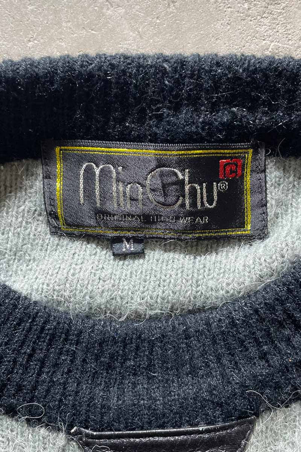 80s LEATHER SWITCHING WOOL ACRYLIC DESIGN KNIT SWEATER / NAVY [SIZE: M USED]
