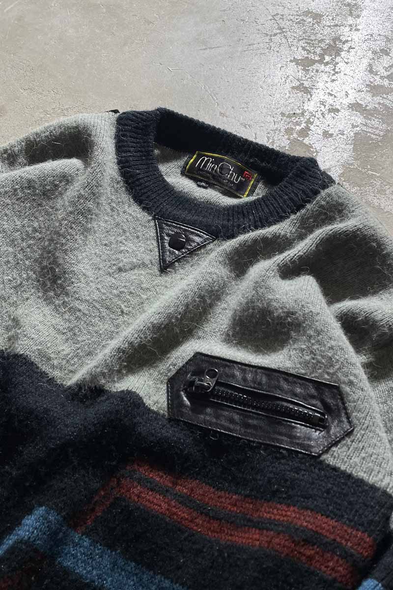 80s LEATHER SWITCHING WOOL ACRYLIC DESIGN KNIT SWEATER / NAVY [SIZE: M USED]