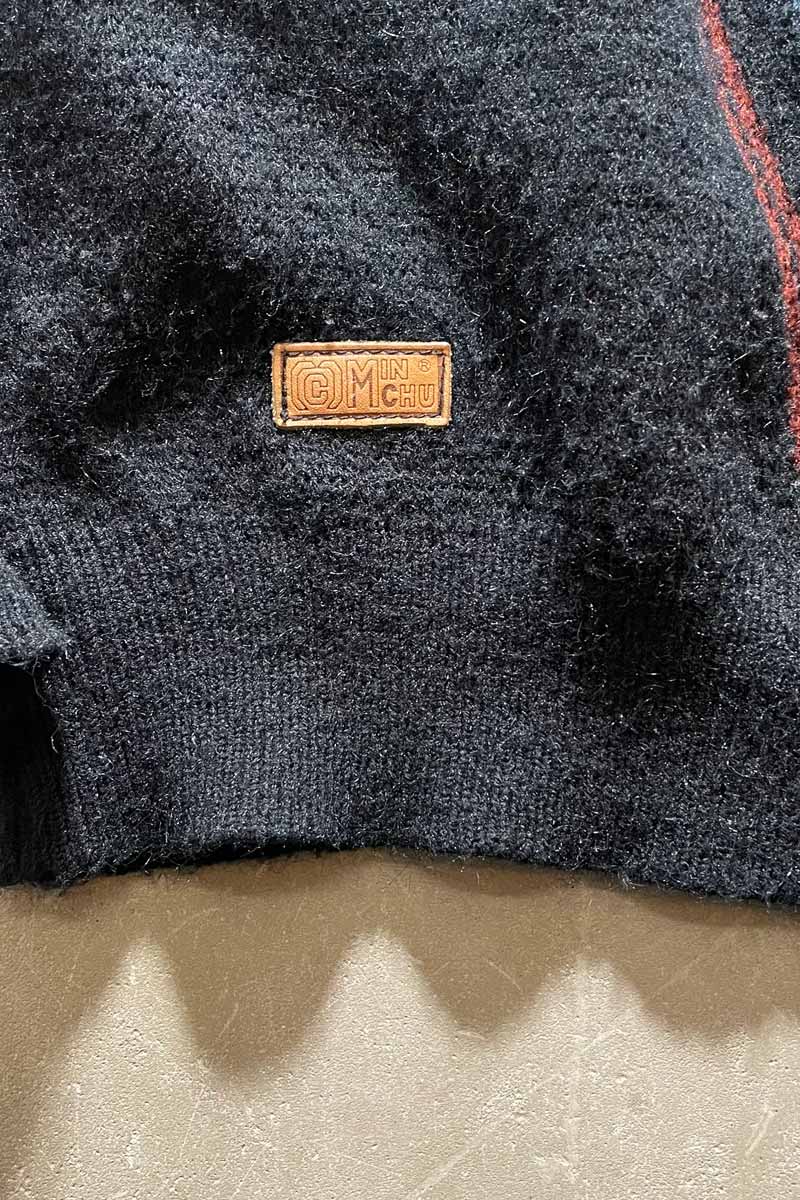 80s LEATHER SWITCHING WOOL ACRYLIC DESIGN KNIT SWEATER / NAVY [SIZE: M USED]