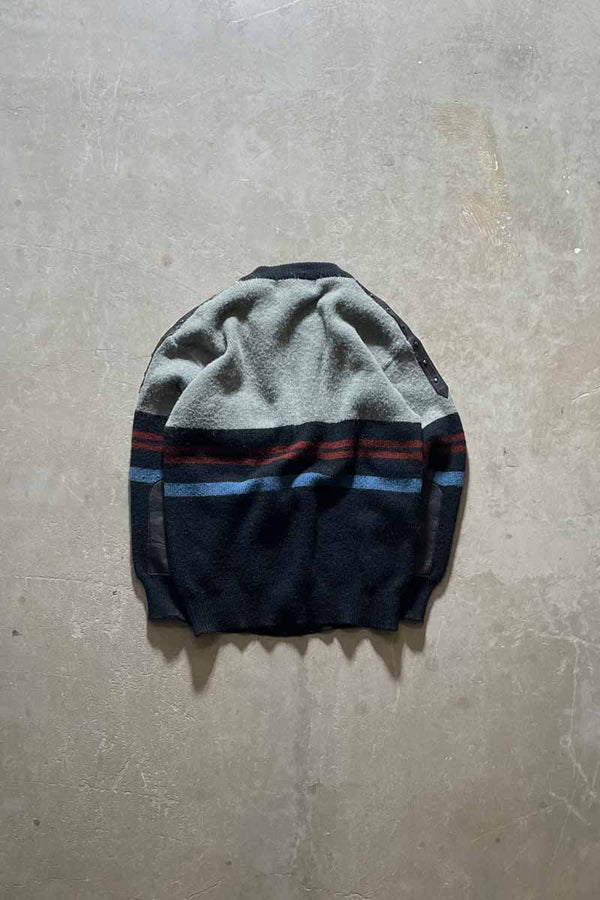 80s LEATHER SWITCHING WOOL ACRYLIC DESIGN KNIT SWEATER / NAVY [SIZE: M USED]