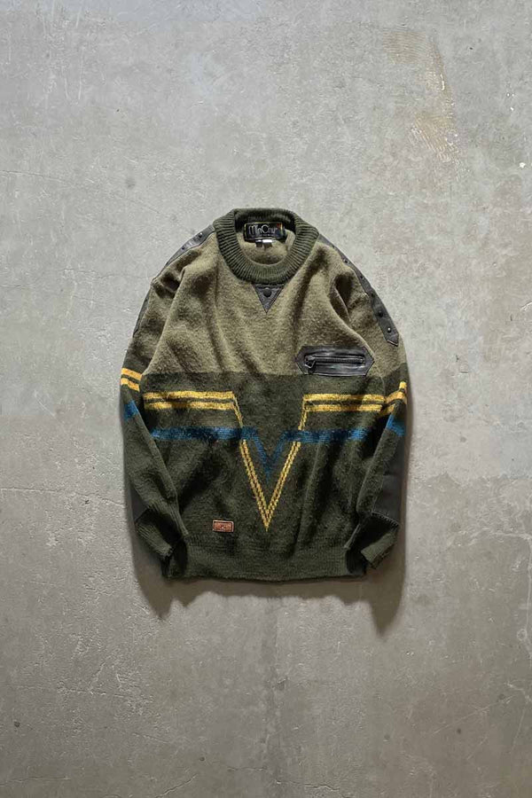 80'S LEATHER SWITCHING WOOL ACRYLIC DESIGN KNIT SWEATER / KHAKI [SIZE: M USED]