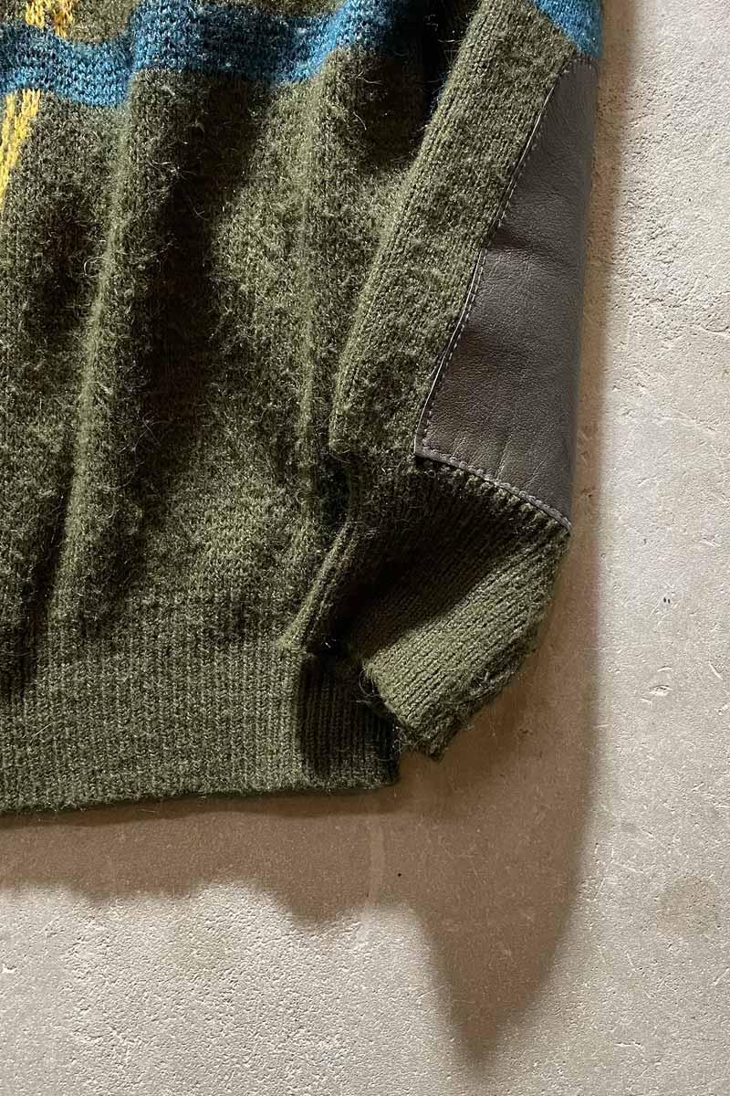 80'S LEATHER SWITCHING WOOL ACRYLIC DESIGN KNIT SWEATER / KHAKI [SIZE: M USED]