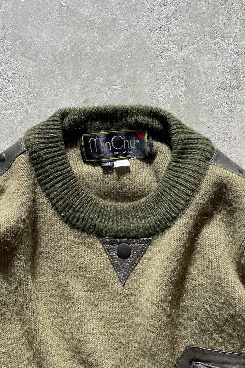 80'S LEATHER SWITCHING WOOL ACRYLIC DESIGN KNIT SWEATER / KHAKI [SIZE: M USED]