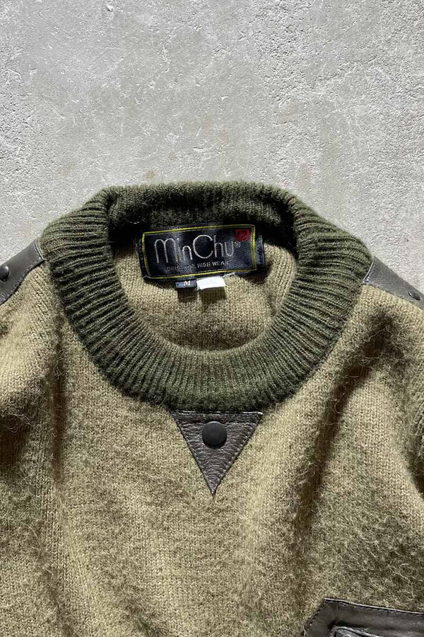 80'S LEATHER SWITCHING WOOL ACRYLIC DESIGN KNIT SWEATER / KHAKI [SIZE: M USED]