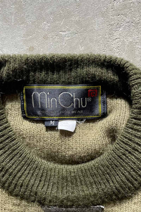 80'S LEATHER SWITCHING WOOL ACRYLIC DESIGN KNIT SWEATER / KHAKI [SIZE: M USED]