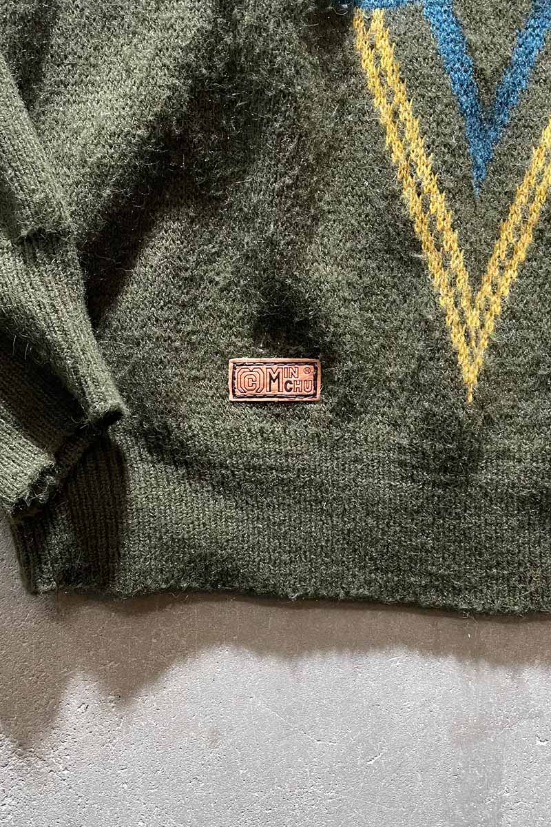 80'S LEATHER SWITCHING WOOL ACRYLIC DESIGN KNIT SWEATER / KHAKI [SIZE: M USED]