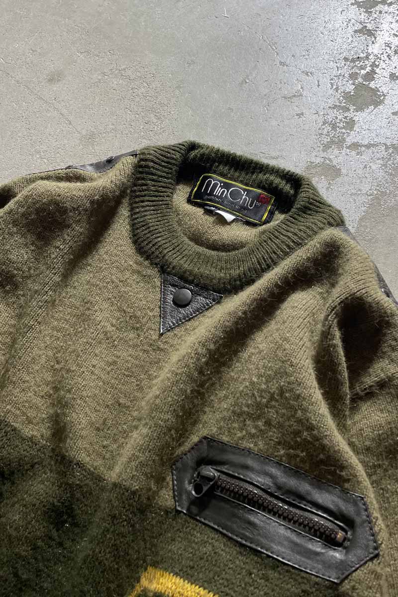 80'S LEATHER SWITCHING WOOL ACRYLIC DESIGN KNIT SWEATER / KHAKI [SIZE: M USED]