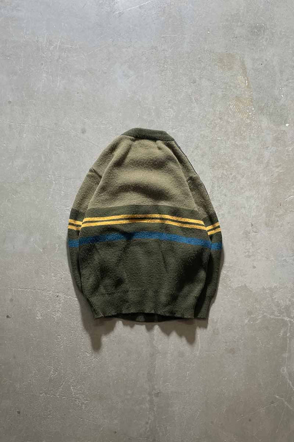 80'S LEATHER SWITCHING WOOL ACRYLIC DESIGN KNIT SWEATER / KHAKI [SIZE: M USED]