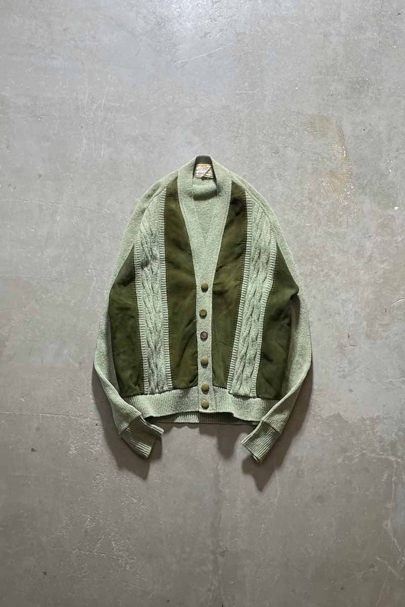 60-70'S SUEDE WOOL KNIT CARDIGAN / GREEN [SIZE: L USED]