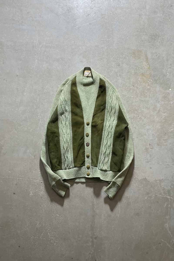 60-70'S SUEDE WOOL KNIT CARDIGAN / GREEN [SIZE: L USED]