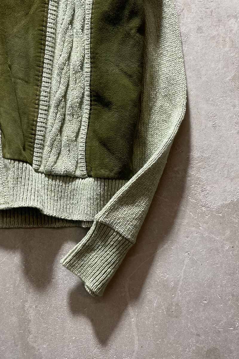 60-70'S SUEDE WOOL KNIT CARDIGAN / GREEN [SIZE: L USED]
