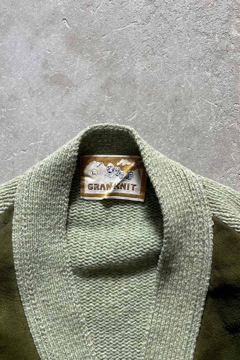 60-70'S SUEDE WOOL KNIT CARDIGAN / GREEN [SIZE: L USED]