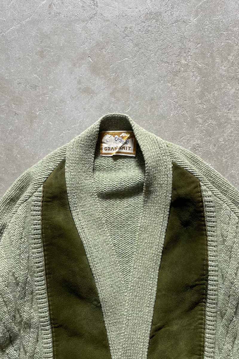 60-70'S SUEDE WOOL KNIT CARDIGAN / GREEN [SIZE: L USED]