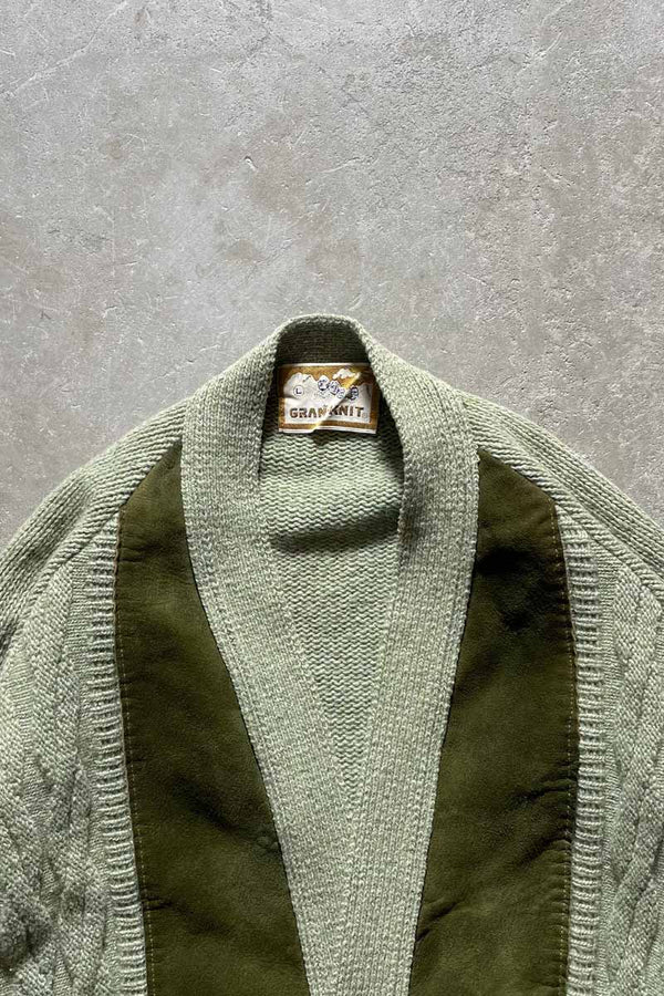 60-70'S SUEDE WOOL KNIT CARDIGAN / GREEN [SIZE: L USED]