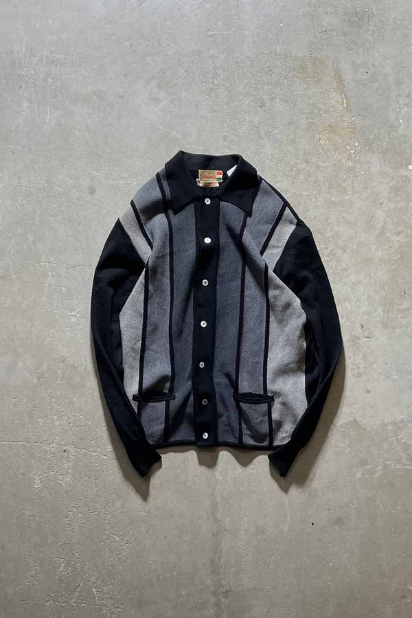 MADE IN ITALY 70s-80s L/S DESIGN WOOL KNIT POLO SHIRT / GRAY [SIZE: M USED]
