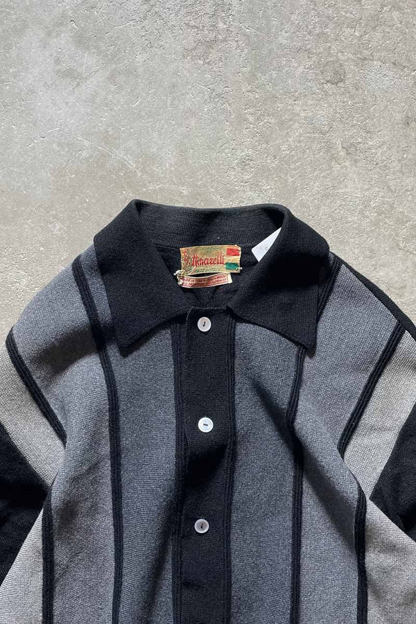 MADE IN ITALY 70s-80s L/S DESIGN WOOL KNIT POLO SHIRT / GRAY [SIZE: M USED]