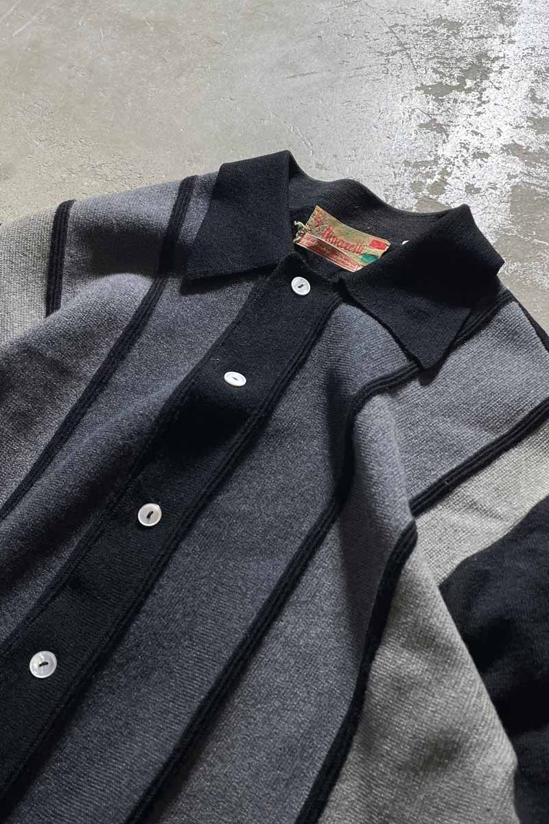 MADE IN ITALY 70s-80s L/S DESIGN WOOL KNIT POLO SHIRT / GRAY [SIZE: M USED]