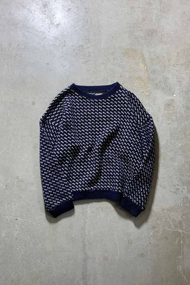 MADE IN NORWAY 70'S BIRDS EYE WOOL RAYON KNIT SWEATER / NAVY [SIZE: L USED]