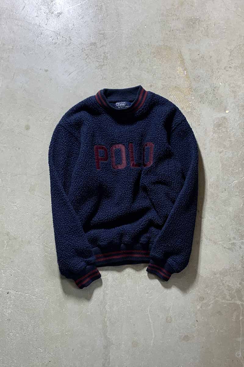 MADE IN USA 90'S LOGO EMBROIDERY BOA FLEECE SWEATSHIRT / NAVY [SIZE: S USED]