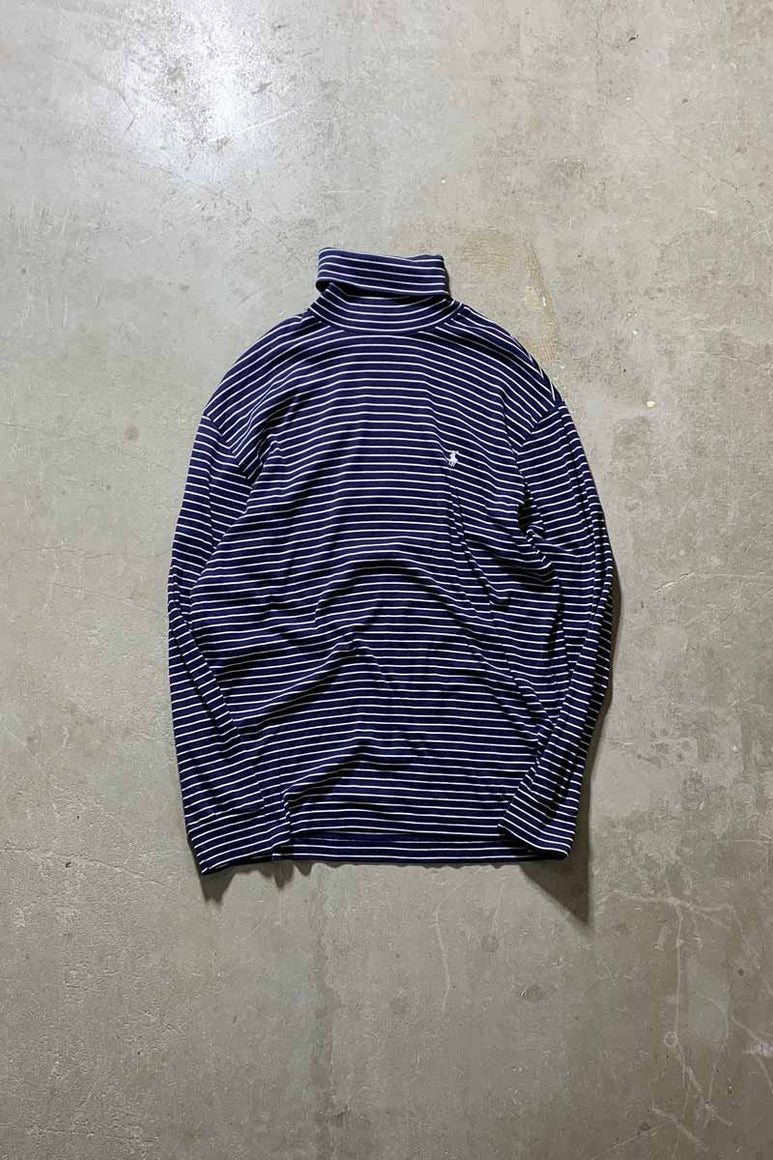 MADE IN PERU 90'S L/S TURTLE NECK BORDER T-SHIRT / NAVY [SIZE: M USED]