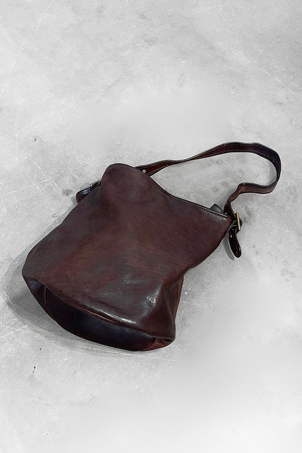 MADE IN USA 60s-70s LEATHER DUFFLE SHOULDER BAG AUTOMATIC TALON ZIP / BROWN [SIZE: ONE SIZE USED]