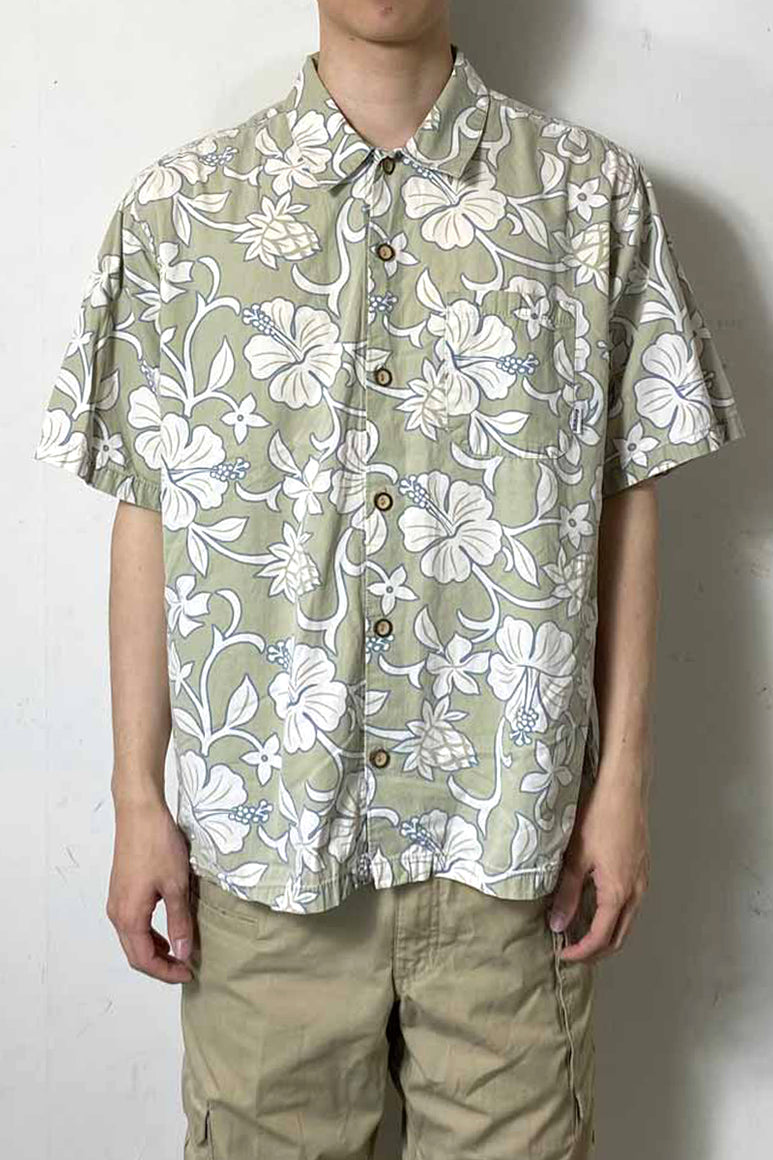 MADE IN USA 90'S S/S FLOWER DESIGN COTTON SHIRT / LIGHT KHAKI [SIZE: L USED]