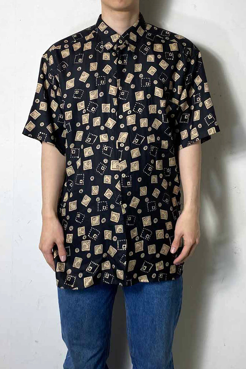 90'S S/S DESIGN SILK SHIRT / BLACK [SIZE: L USED]