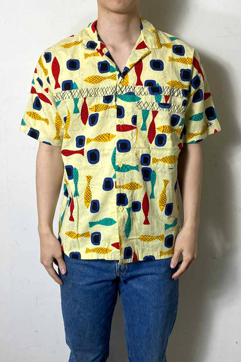 MADE IN USA 90'S S/S OPEN COLLAR FISH DESIGN SHIRT / YELLOW [SIZE: L USED]