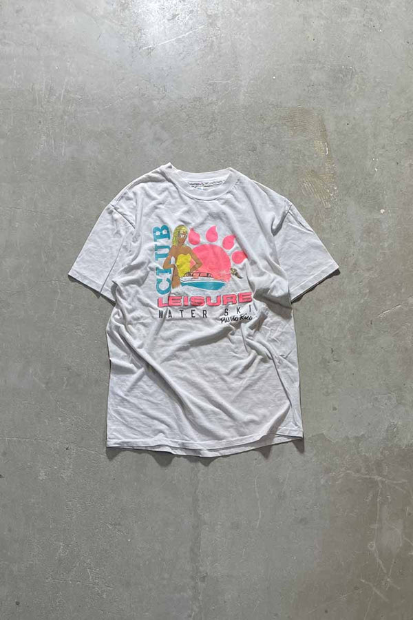 MADE IN USA 80'S CLUB LEISURE LOGO T-SHIRT / WHITE [SIZE: L USED]