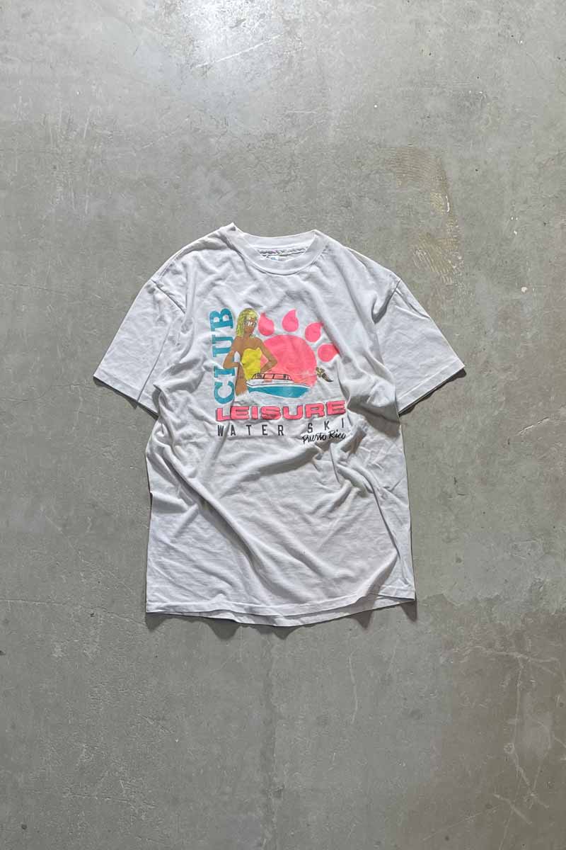 MADE IN USA 80'S CLUB LEISURE LOGO T-SHIRT / WHITE [SIZE: L USED]