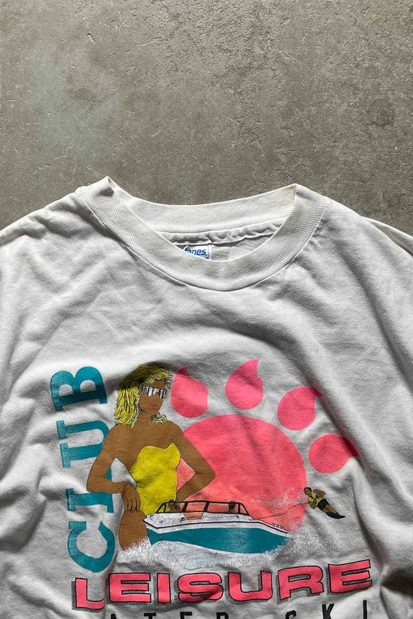MADE IN USA 80'S CLUB LEISURE LOGO T-SHIRT / WHITE [SIZE: L USED]