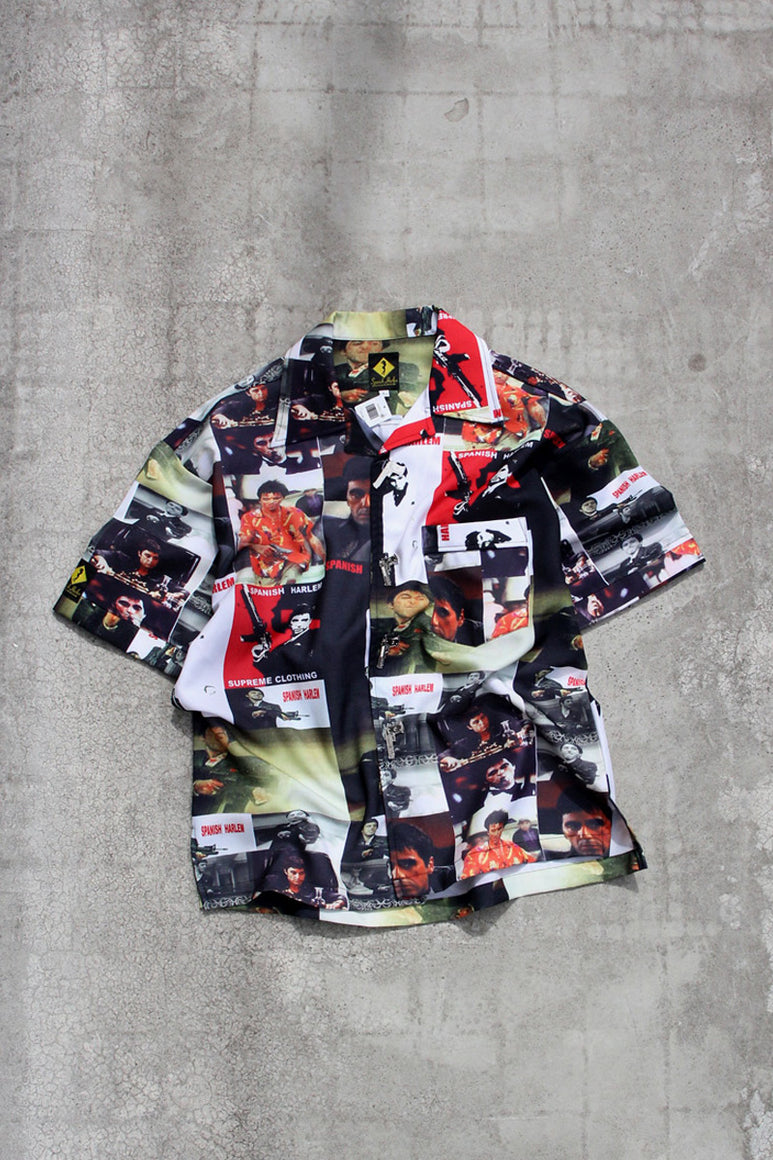 95'S S/S SCARFACE ALL OVER PRINT WITH GUN BUTTON SHIRT / MULTI [SIZE: L USED]