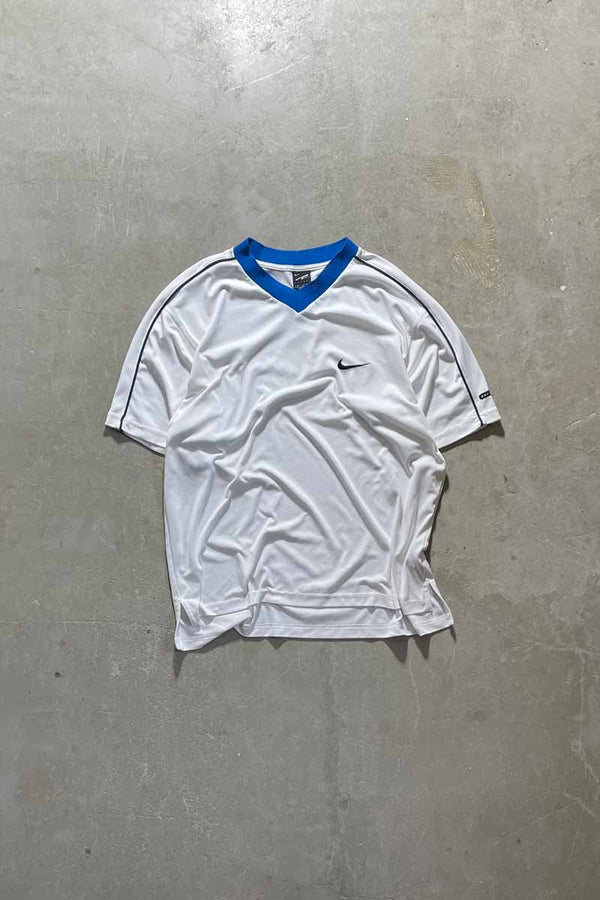 MADE IN USA Y2K EARLY 00'S V-NECK ONE POINT LOGO EMBROIDERY GAME T-SHIRT / WHITE [SIZE: M USED]