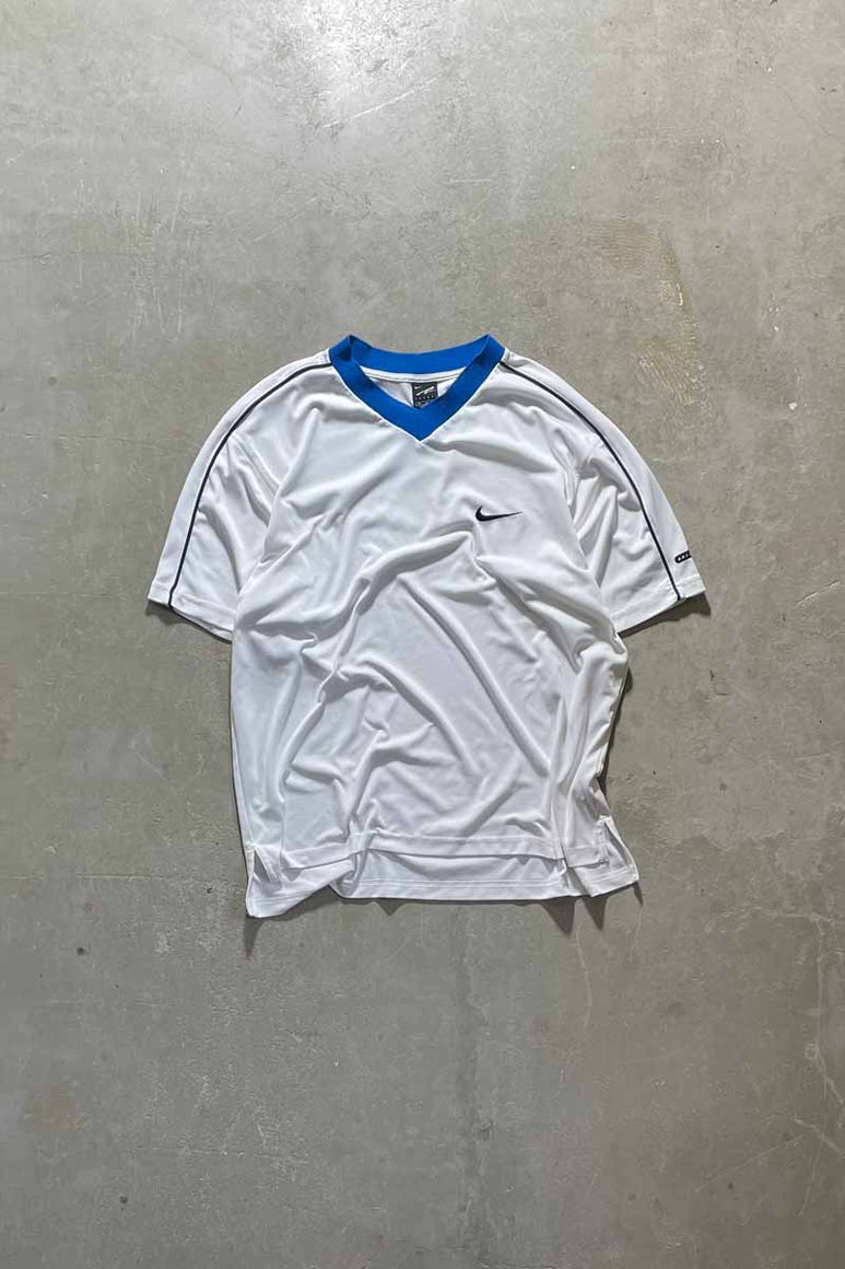 MADE IN USA Y2K EARLY 00'S V-NECK ONE POINT LOGO EMBROIDERY GAME T-SHIRT / WHITE [SIZE: M USED]