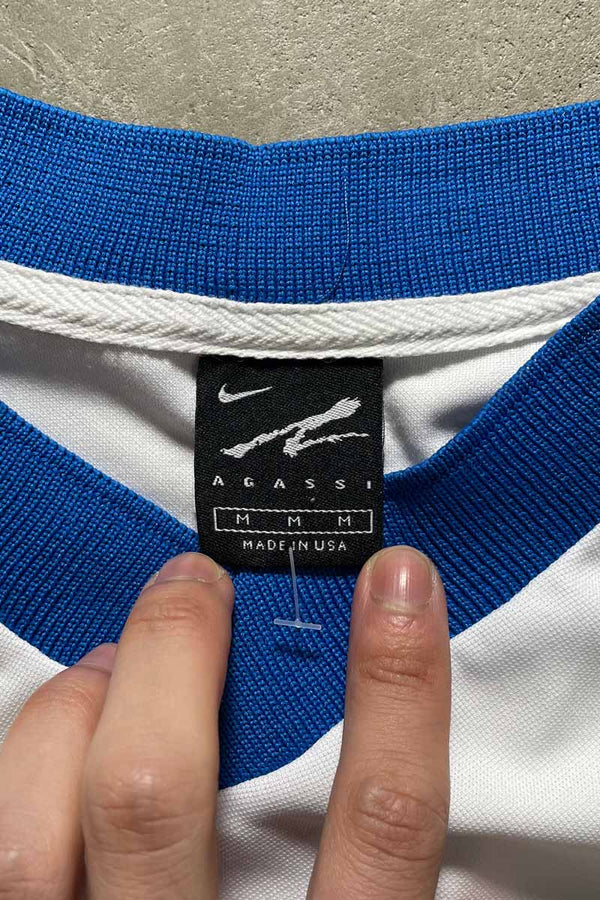 MADE IN USA Y2K EARLY 00'S V-NECK ONE POINT LOGO EMBROIDERY GAME T-SHIRT / WHITE [SIZE: M USED]