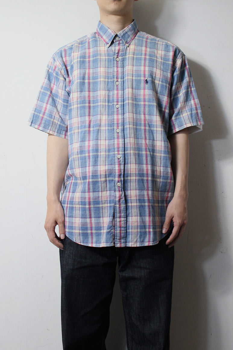 90'S S/S B.D COTTON CHECK BLAKE SHIRT / BLUE [SIZE: L USED]