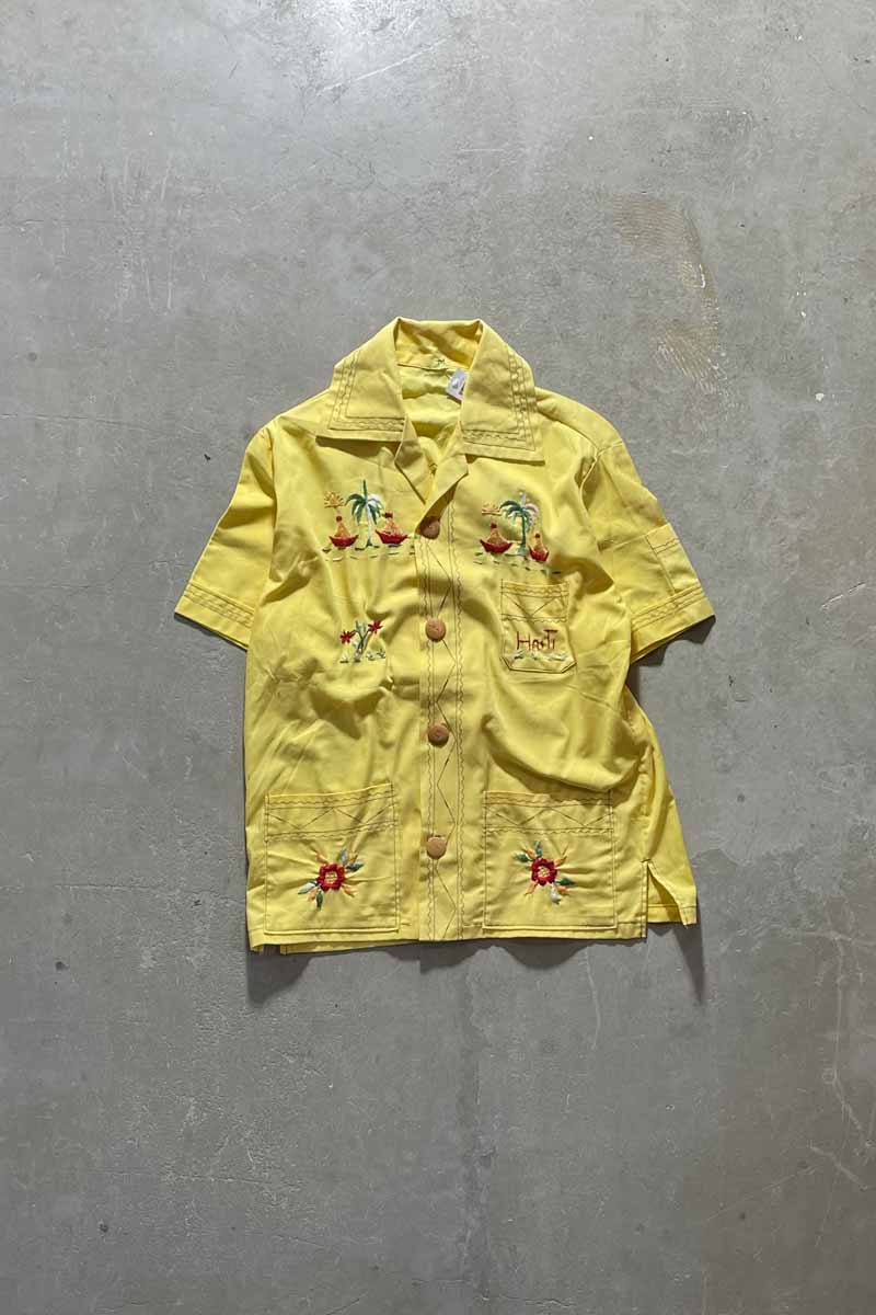 80'S HAND EMBROIDERED SHIRT / YELLOW [SIZE: M USED]