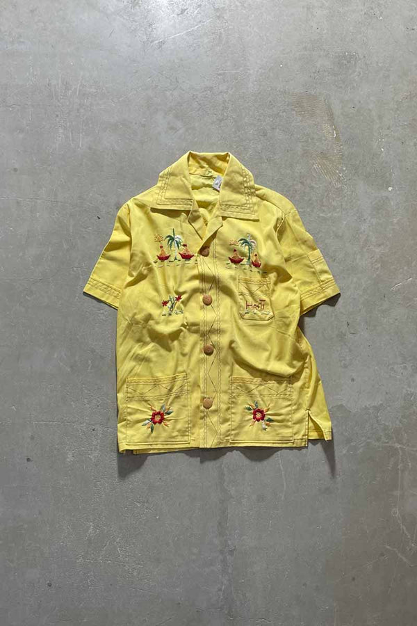 80'S HAND EMBROIDERED SHIRT / YELLOW [SIZE: M USED]