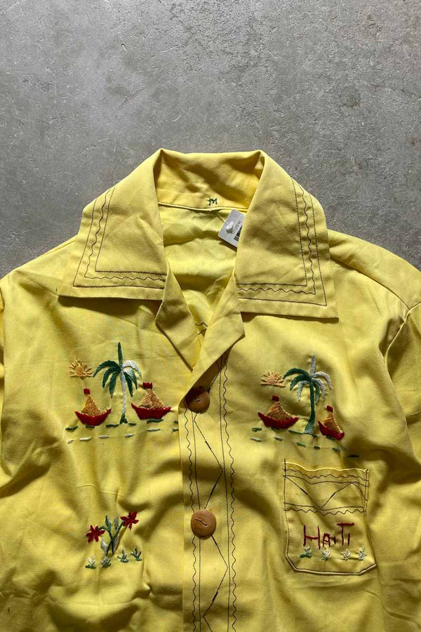 80'S HAND EMBROIDERED SHIRT / YELLOW [SIZE: M USED]