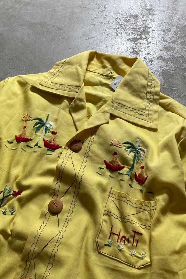 80'S HAND EMBROIDERED SHIRT / YELLOW [SIZE: M USED]