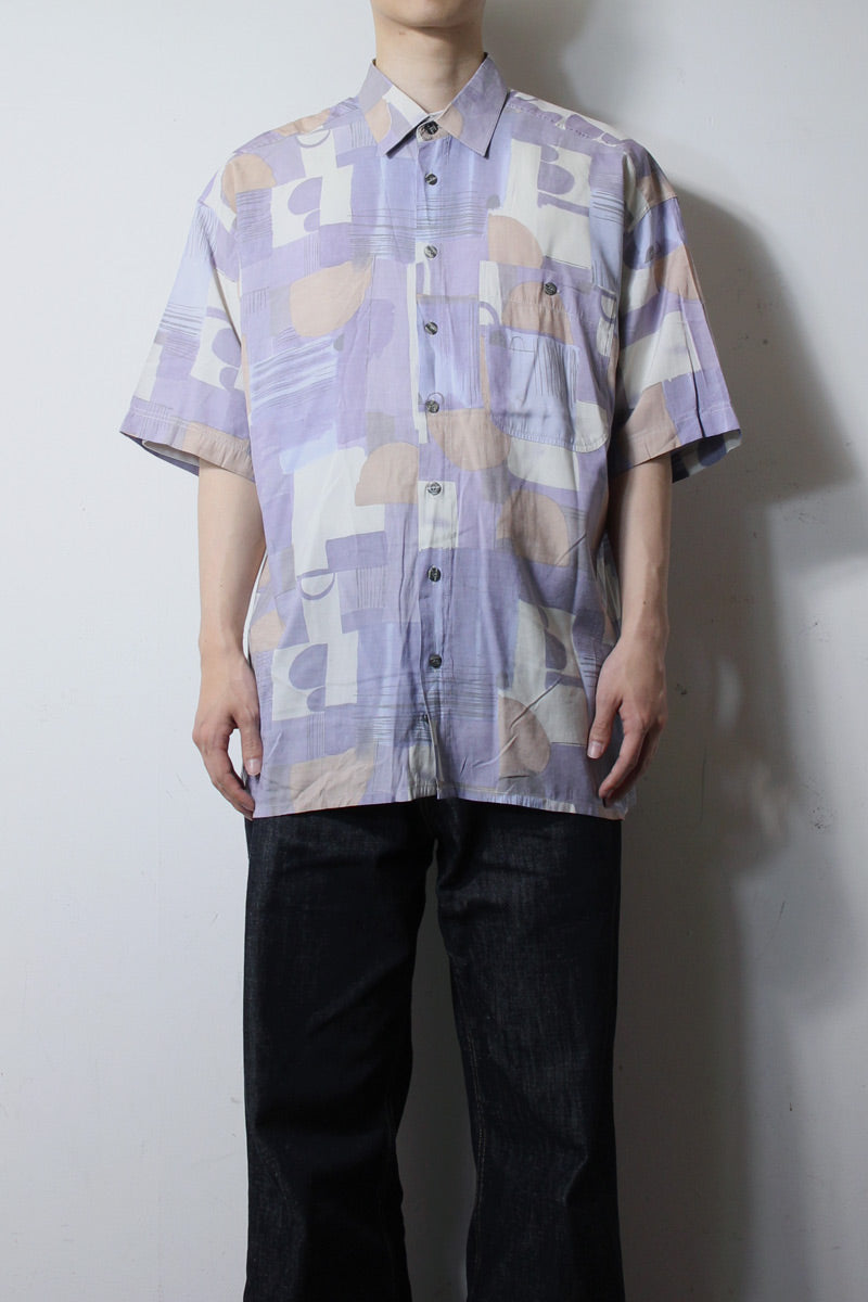 90'S S/S POCKET DESIGN PATTERN VISCOSE ART SHIRT / PURPLE [SIZE: XL USED]