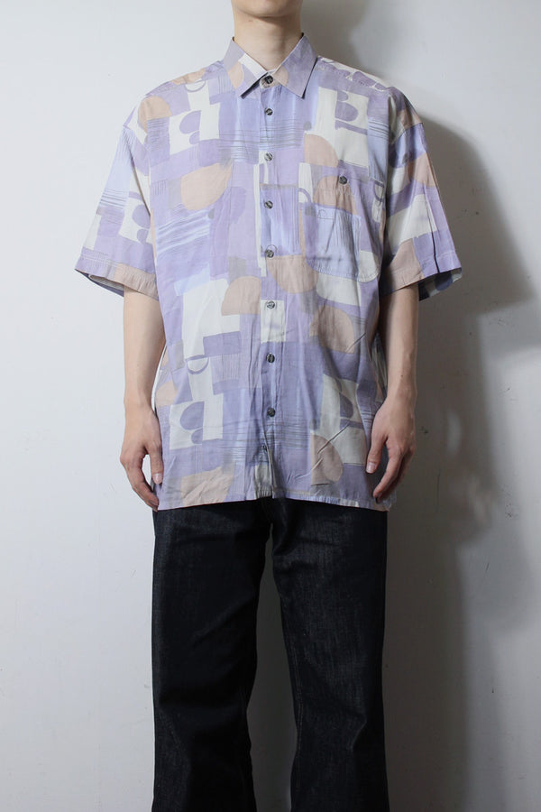 90'S S/S POCKET DESIGN PATTERN VISCOSE ART SHIRT / PURPLE [SIZE: XL USED]