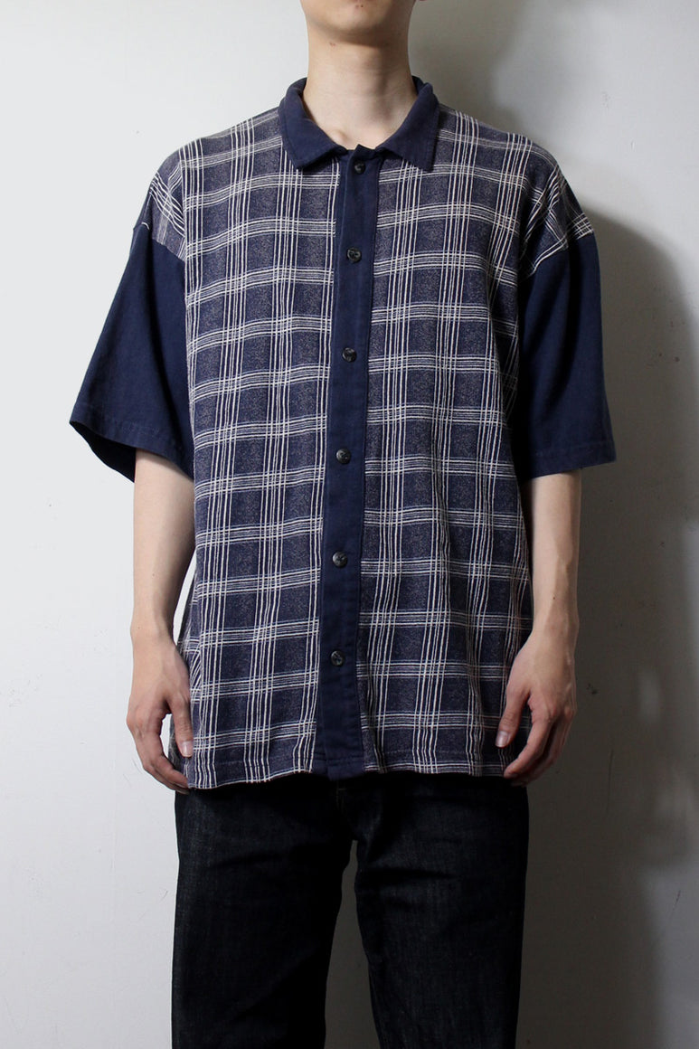 MADE IN USA 90'S S/S CHECK SWEAT SHIRT / NAVY [SIZE: L USED]