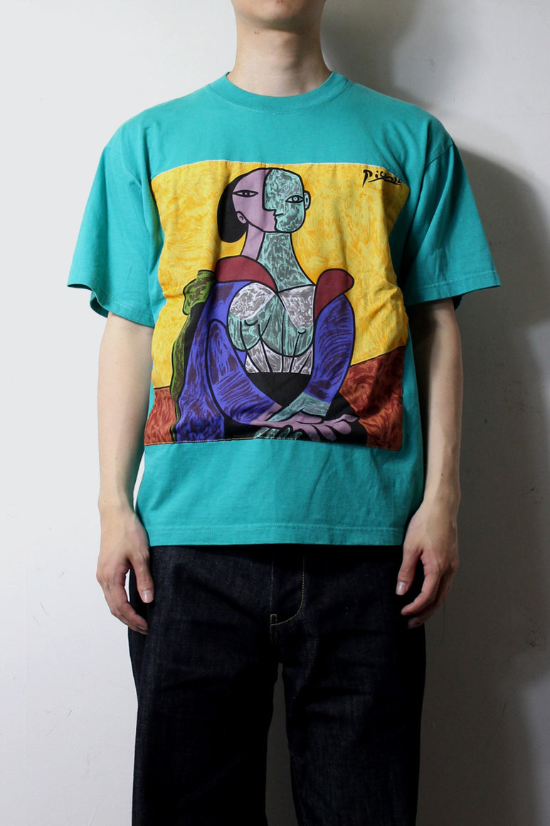 90'S S/S PABLO PICASSO WOMAN ON YELLOW BACKGROUND PRINT ART T-SHIRT / EMERALD GREEN [SIZE: 2XL USED]