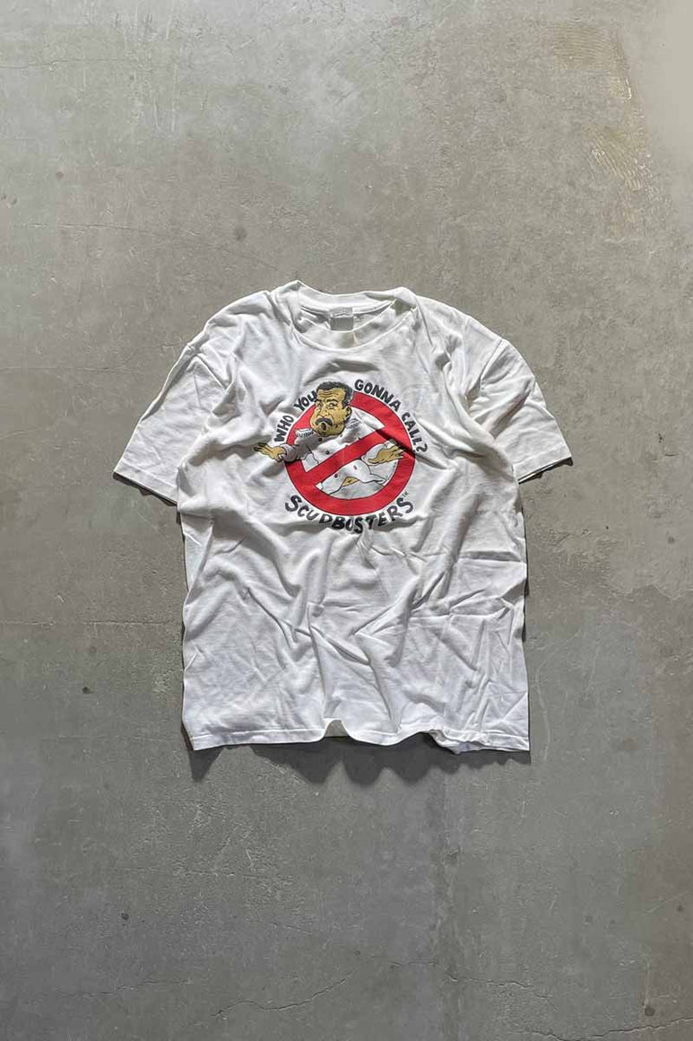 MADE IN USA 91'S SCUDBUSTERS PARODY T-SHIRT / WHITE [SIZE: L USED]
